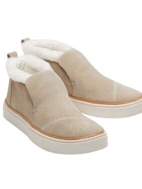 TOMS Paxton Cobblestone Tan Suede Slip-On Sneakers Faux Fur Lined Womens 7.5